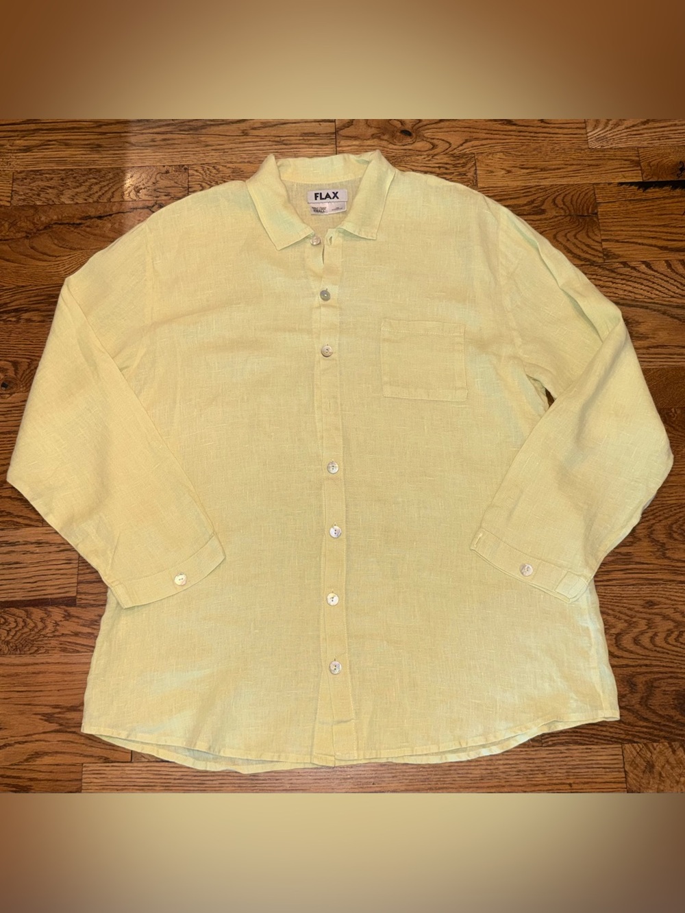 Flax. Oversized Tunic Length Button Down. Yellow. Size Small.